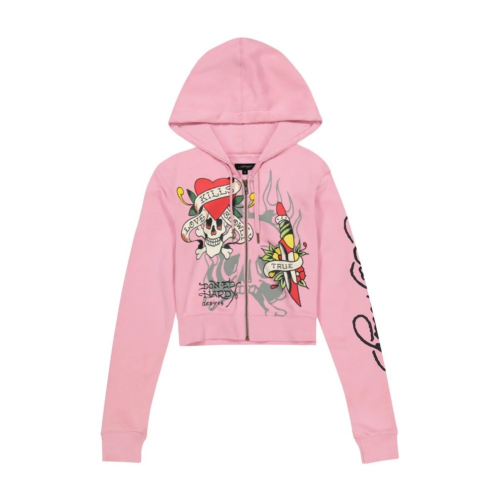 Ed Hardy Womens Pink Love Kills Slowly Tiger Dagger Y2K‎ Cropped Zip Hoodie L